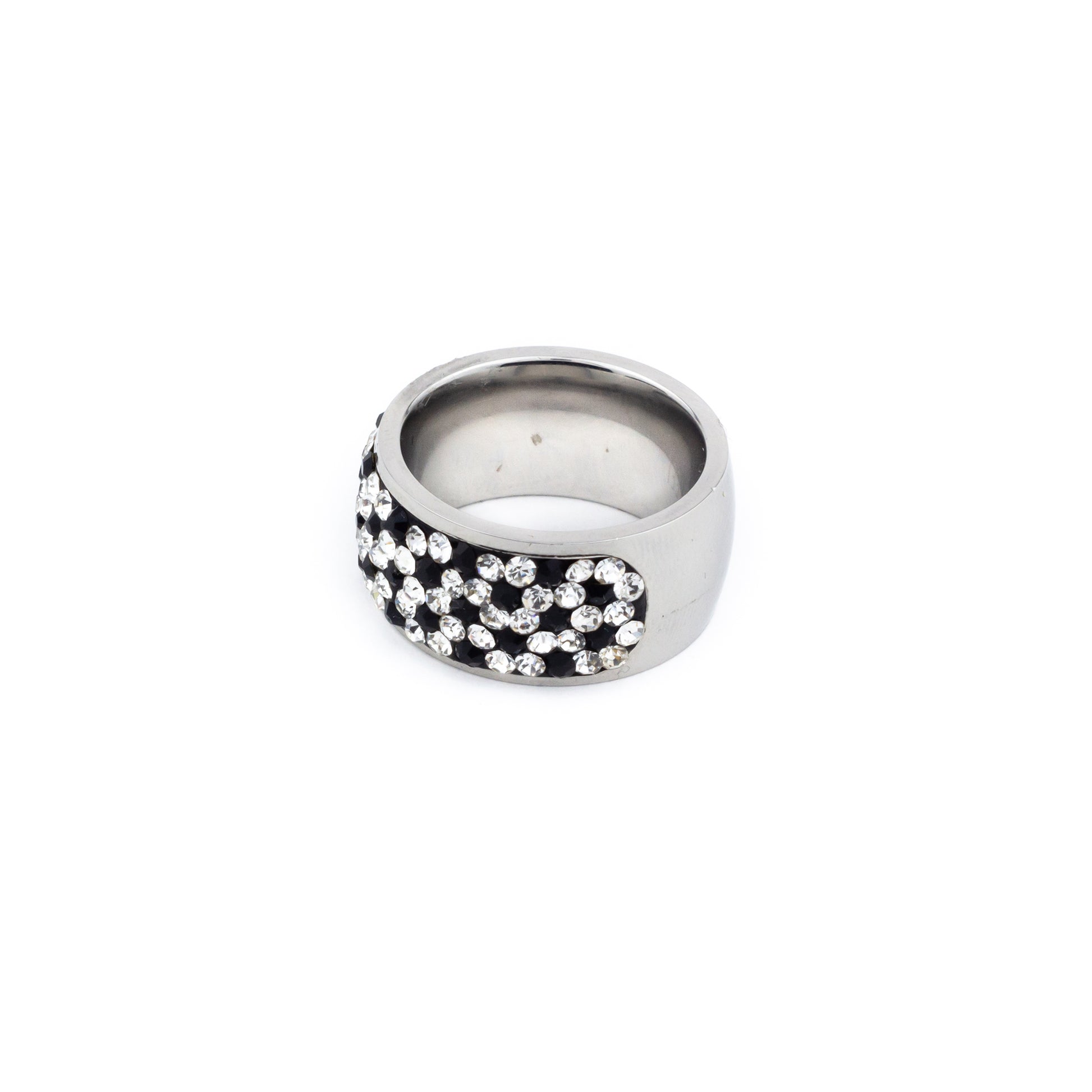 Anillo ancho con brillantes plata y negro - Laila's Dress
