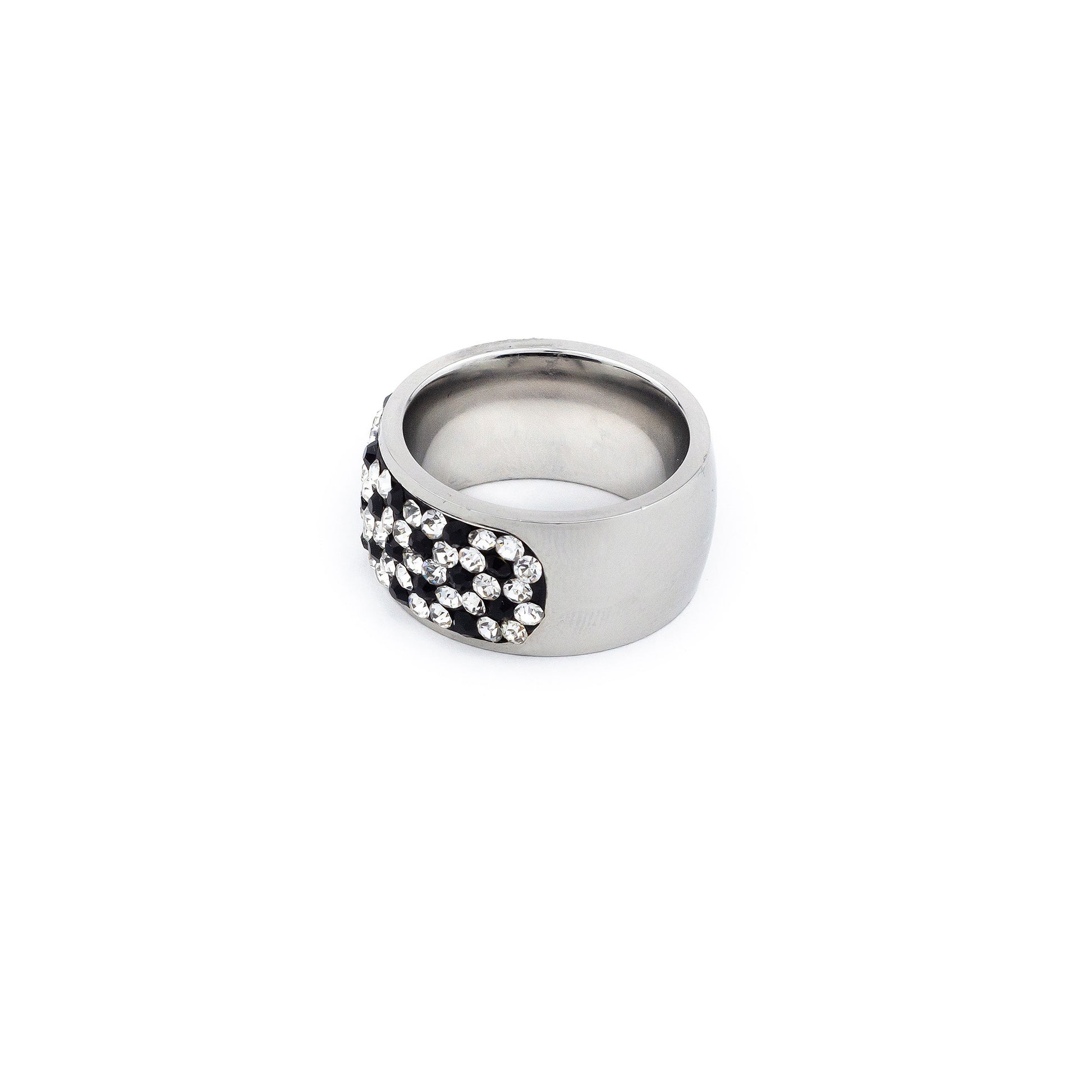 Anillo ancho con brillantes plata y negro - Laila's Dress