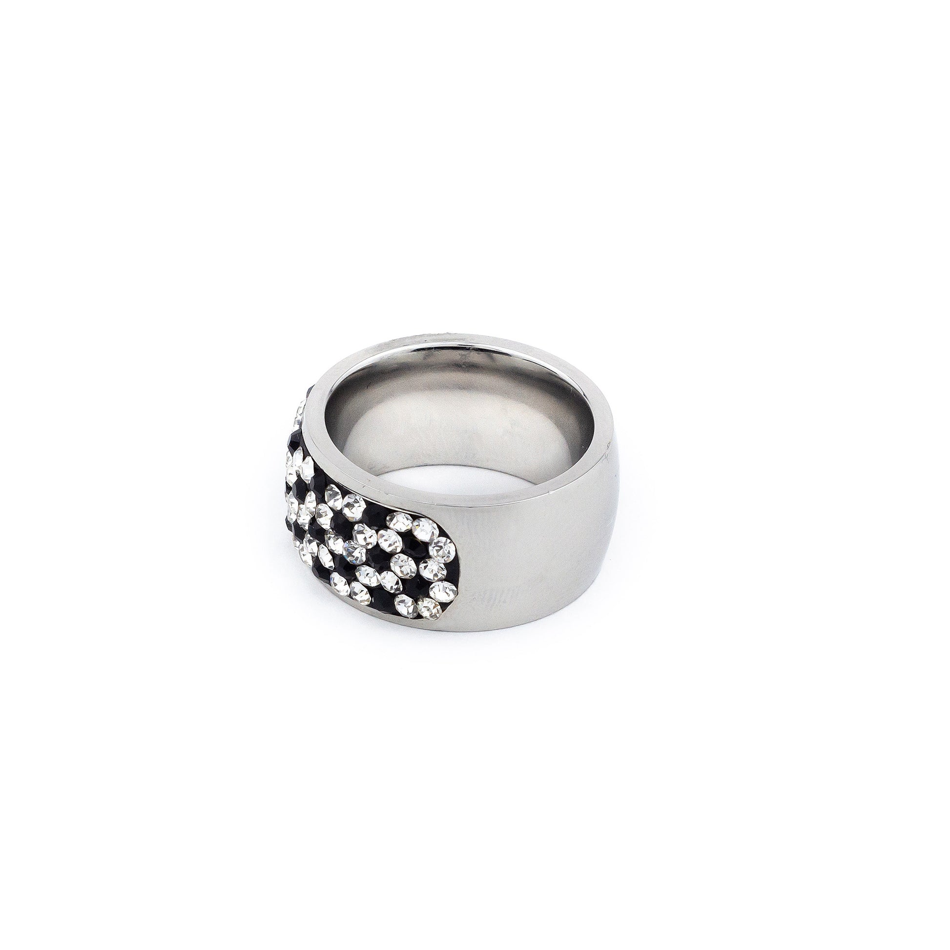 Anillo ancho con brillantes plata y negro - Laila's Dress