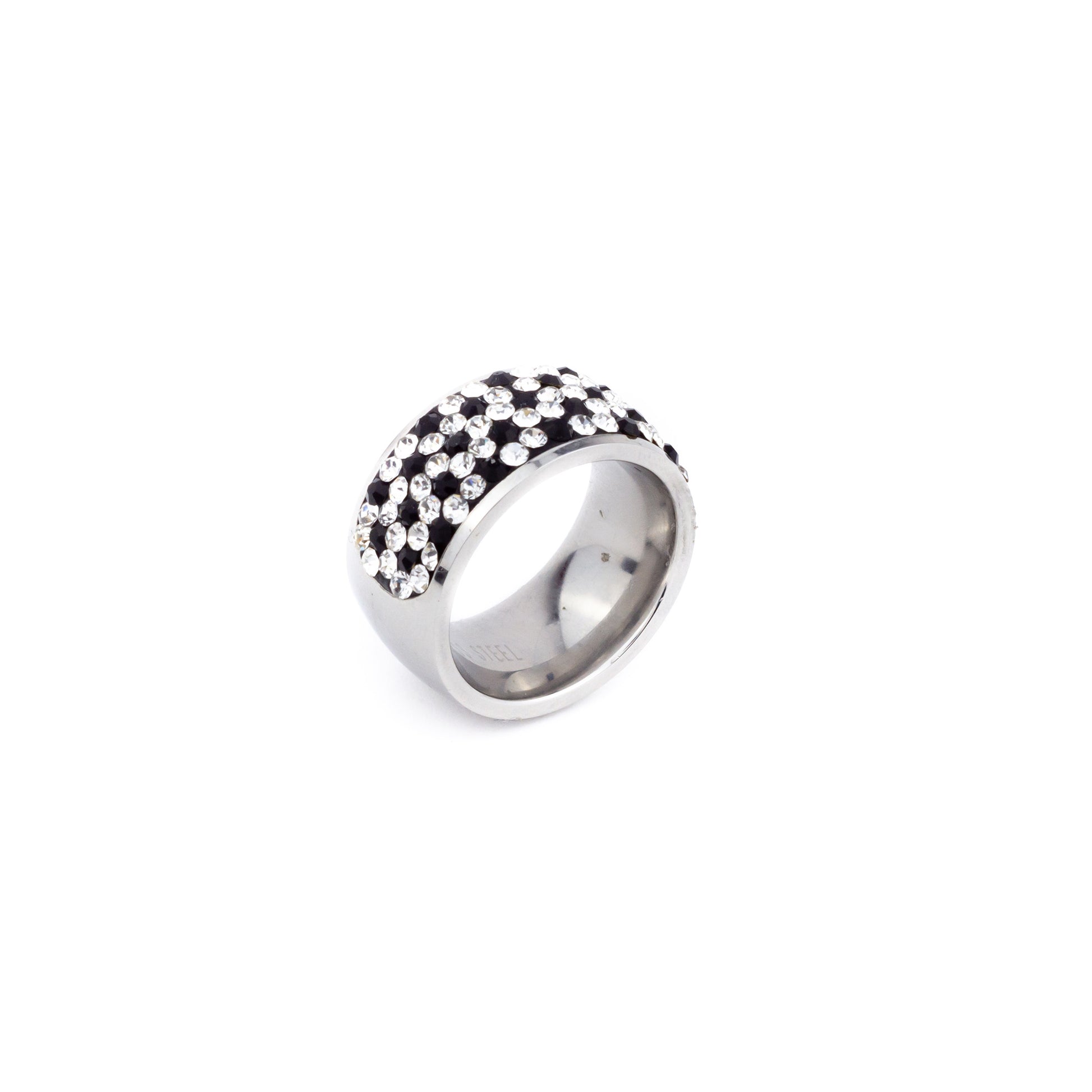 Anillo ancho con brillantes plata y negro - Laila's Dress