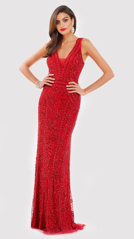 Vestido recto rojo con pedrería bordada