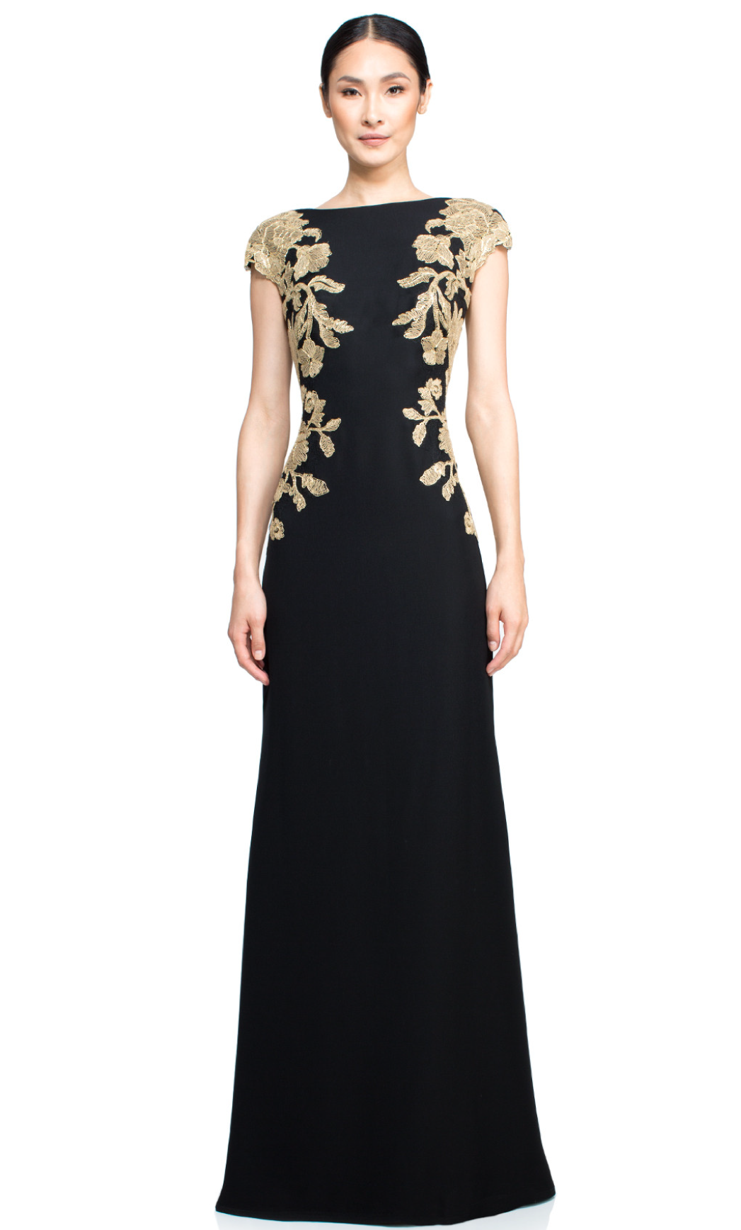 Vestido negro Tadashi Shoji con bordado en color oro - Laila's Dress